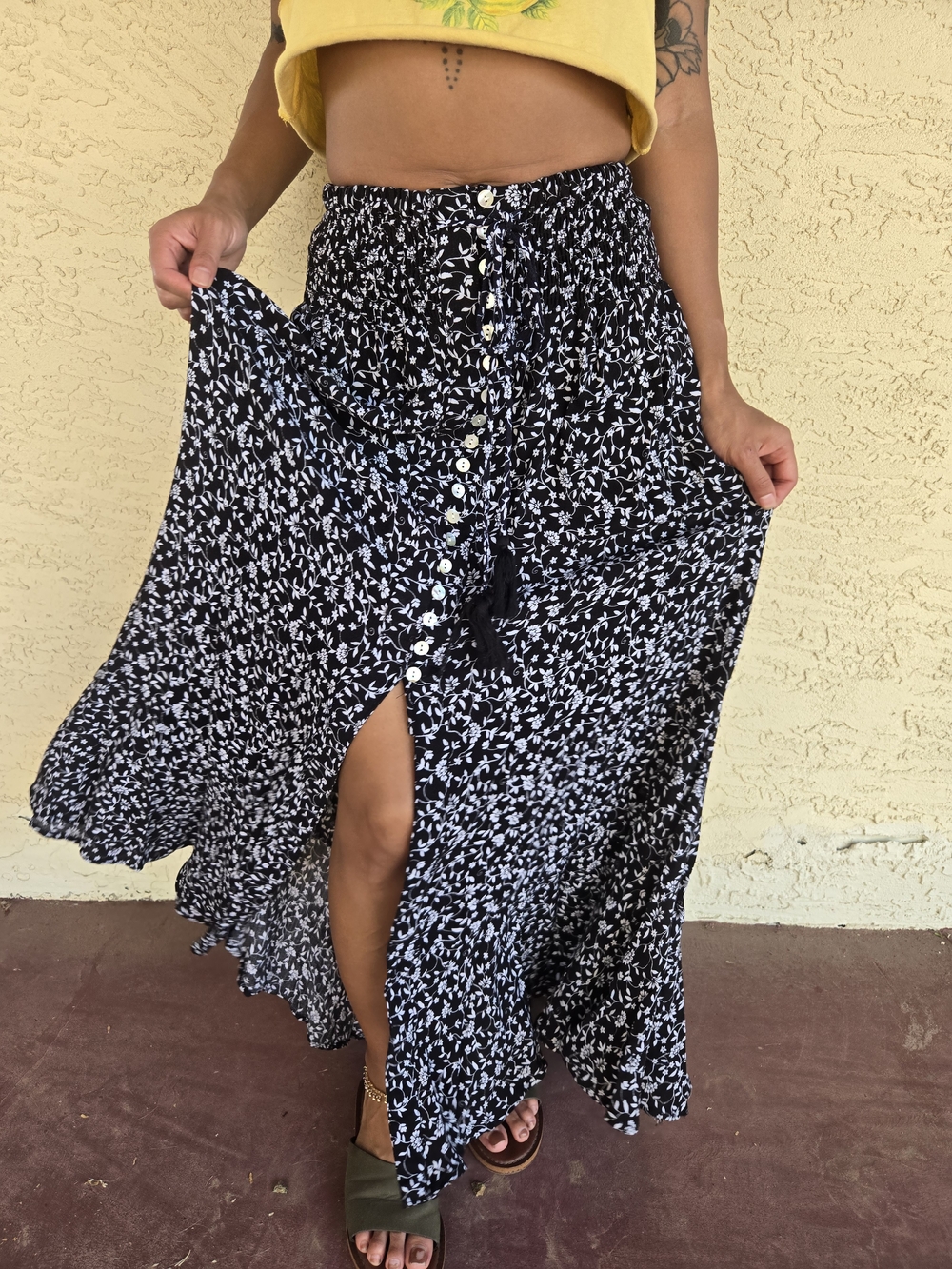 Black Floral Button-Front Maxi Skirt